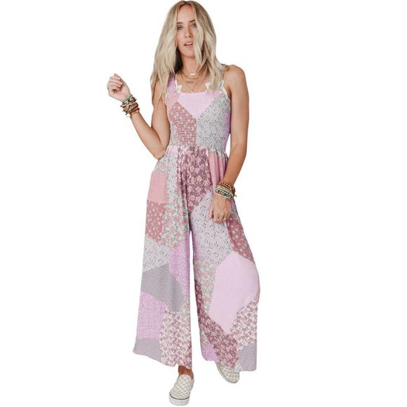 Azura Exchange  Pink Irregular Patchwork Print Smocked Wide Leg Jumpsuit - Picture 6 of 7